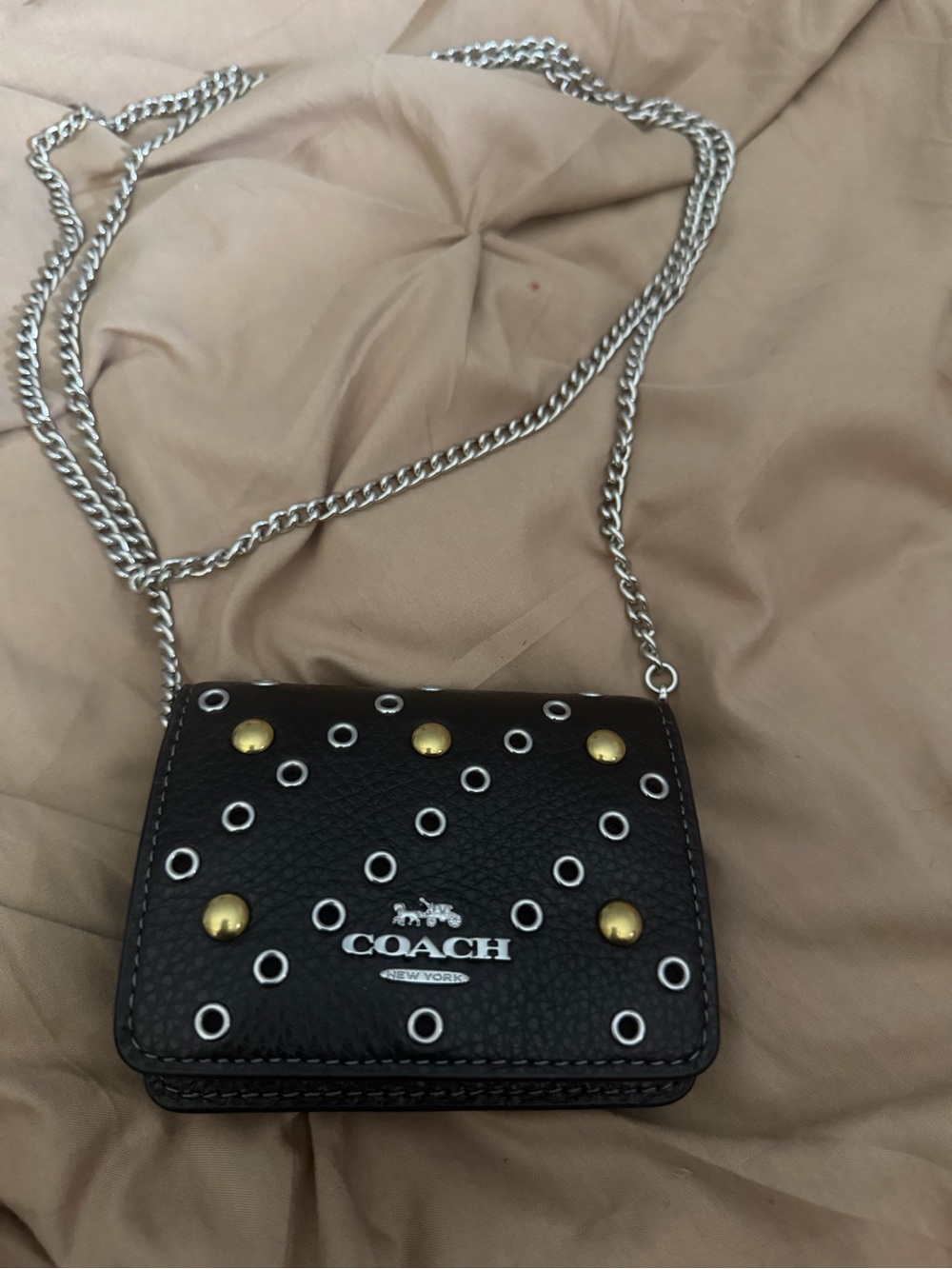 Coach Black Pebbled Leather Studded Mini Crossbody with Silver Chain